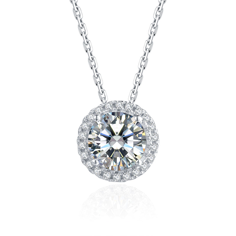 1.0ct Moissanite White Gold Plated Silver Pendant Round Cut Halo with